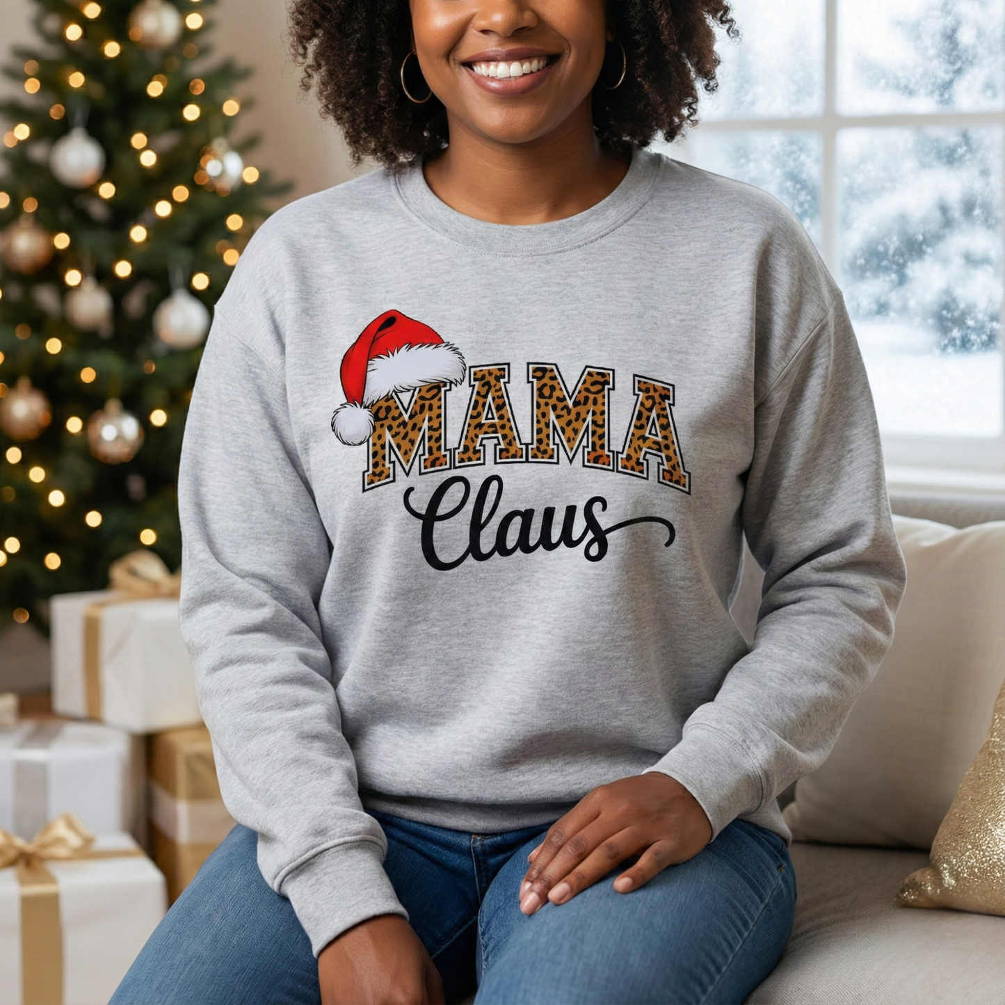Mama Claus Sweatshirt | Leopard Print Christmas Mom Shirt | Santa Hat Holiday Pullover | Trendy Xmas Gift for Her | Festive Winter Top