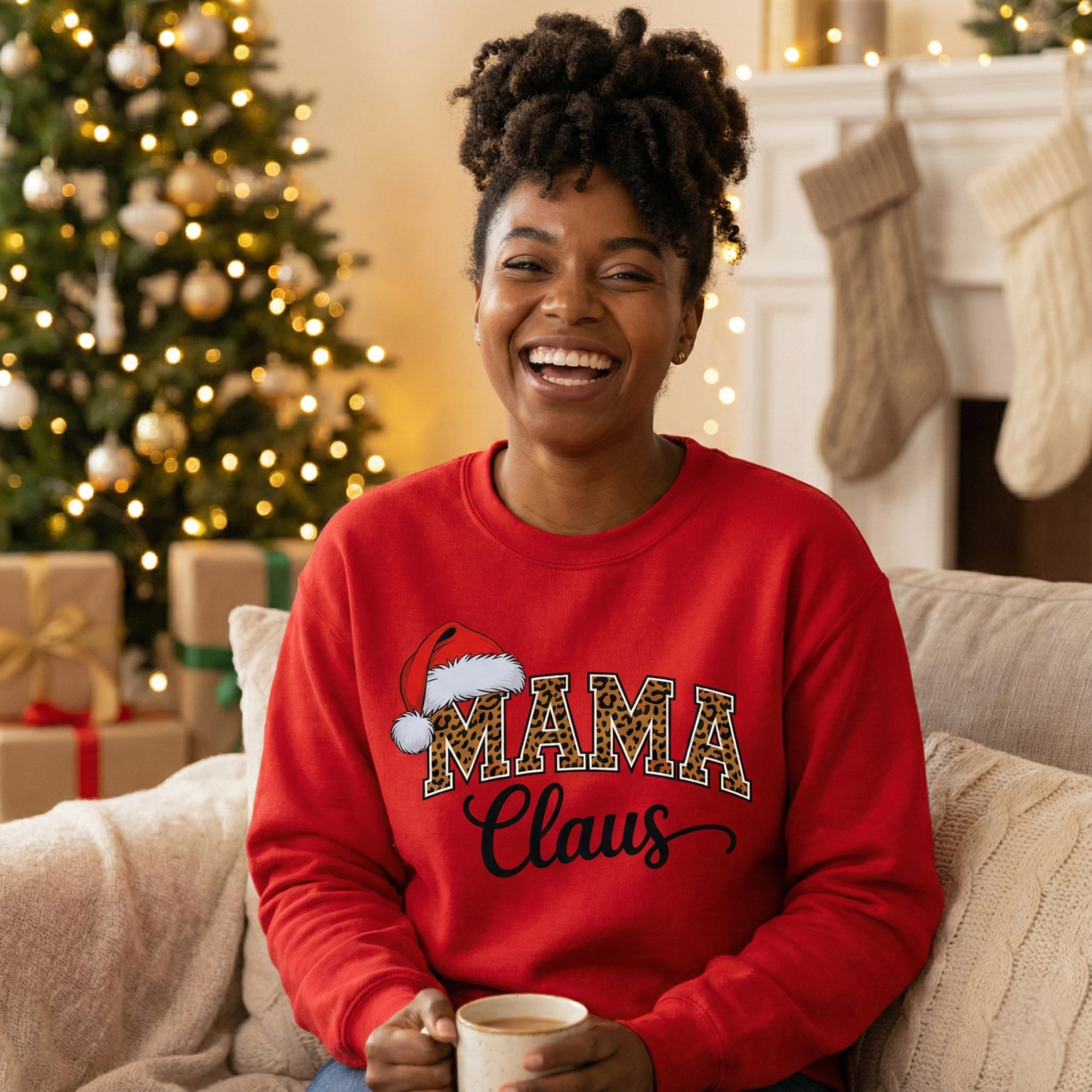Mama Claus Sweatshirt | Leopard Print Christmas Mom Shirt | Santa Hat Holiday Pullover | Trendy Xmas Gift for Her | Festive Winter Top