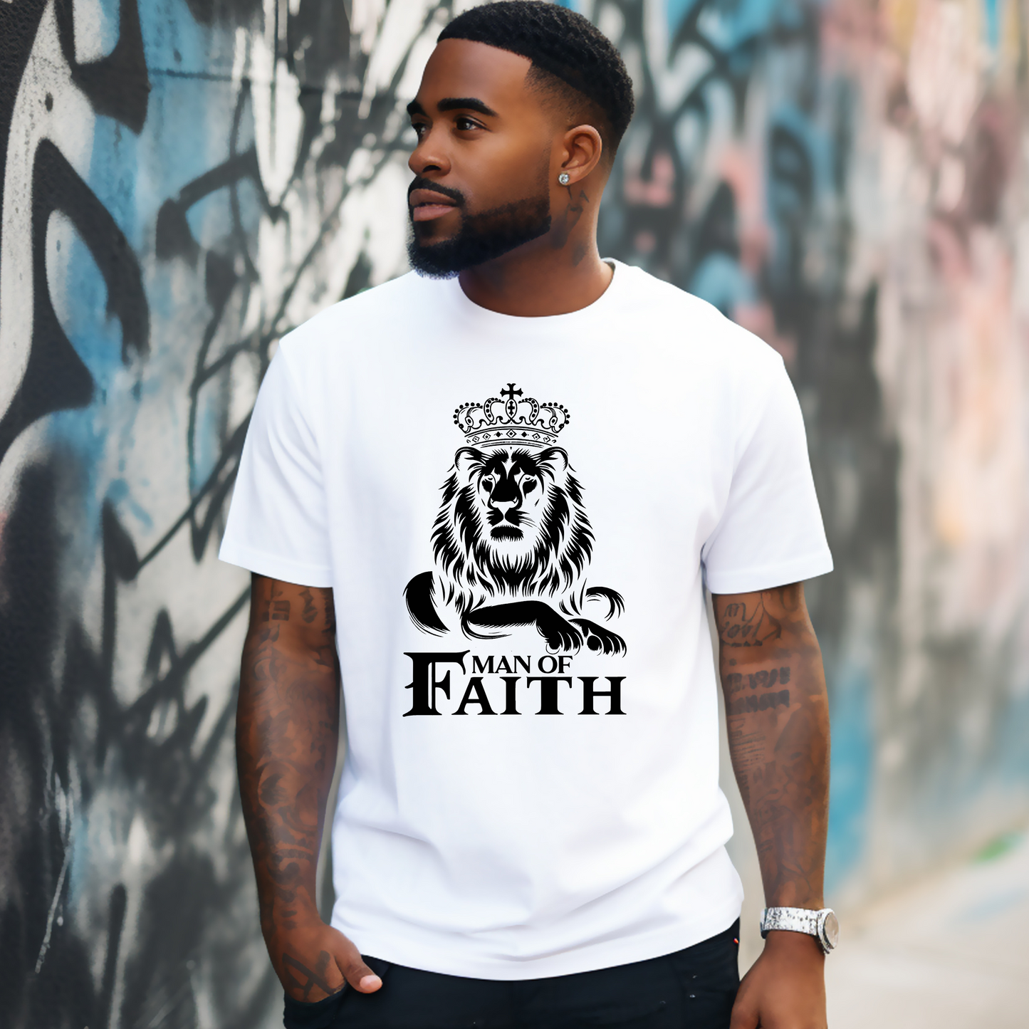 "Man of Faith Lion T-Shirt | Christian King Tee | Faith-Based Men's Shirt" - S & M Unique Shirts, LLC
