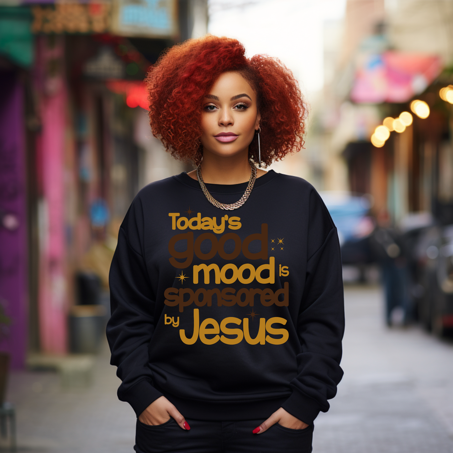"Today's Good Mood Is Sponsored by Jesus Sweatshirt | Faith-Based Christian Crewneck" - S & M Unique Shirts, LLC