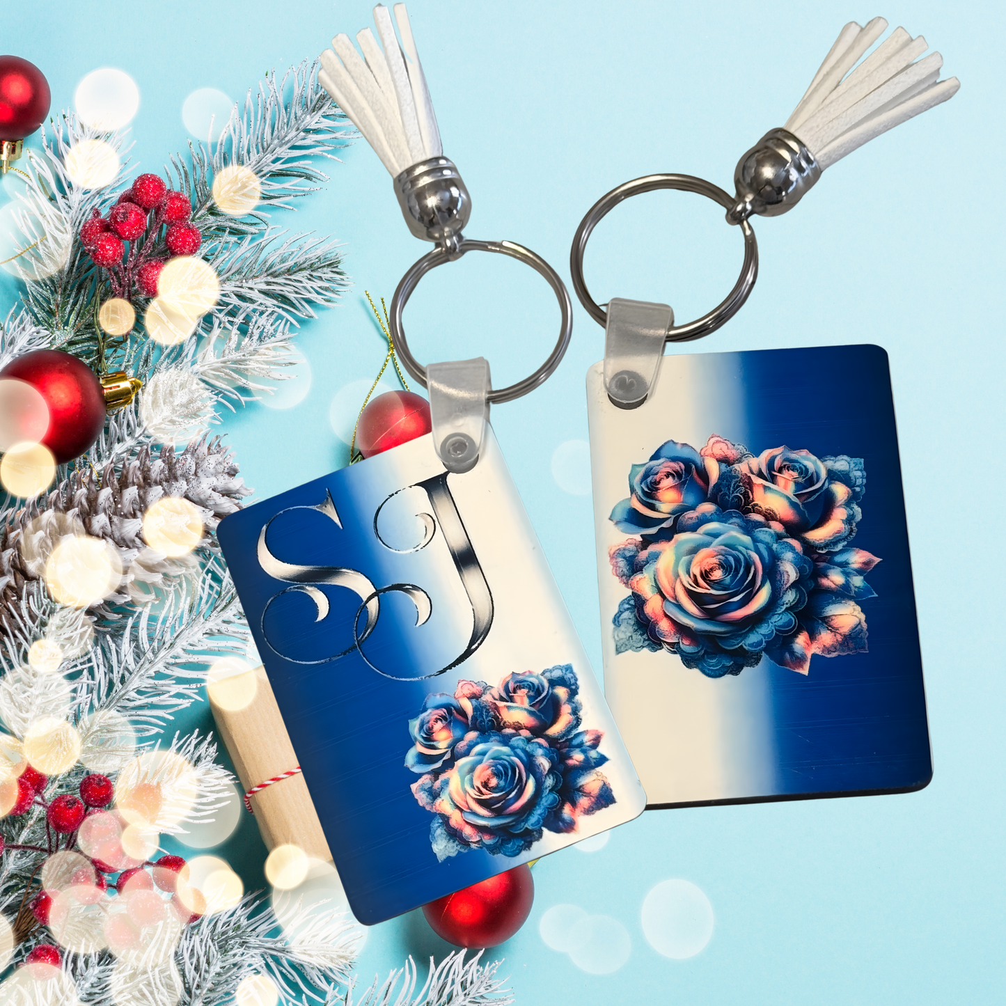 Personalized Blue Rose Keychain | Custom Initial Monogram Bag Tag | Floral Key Ring with Tassel | Christmas Stocking Stuffer Gift for Her