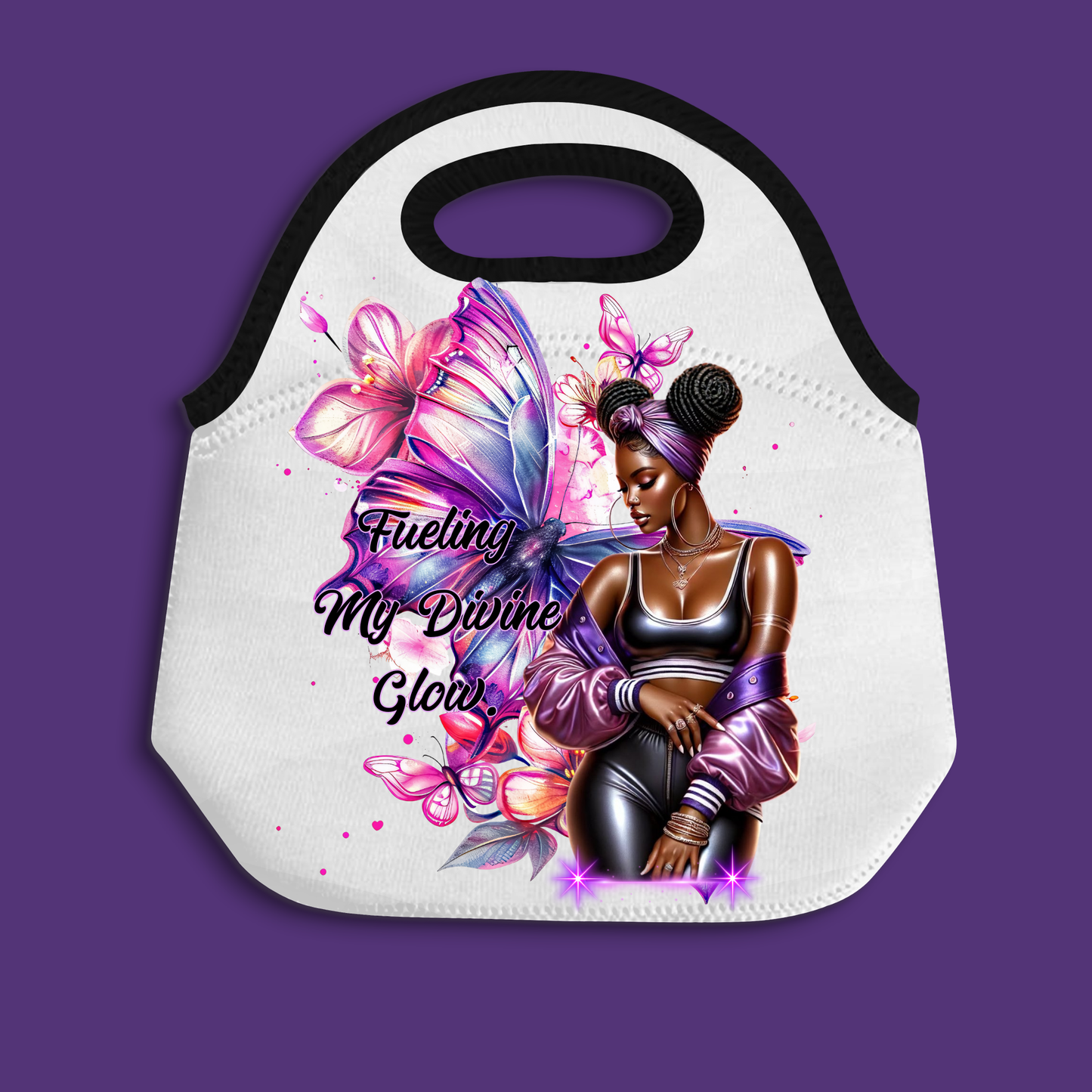 Fueling My Divine Glow Lunch Bag | Black Woman Butterfly Art Tote | Purple Neoprene Food Carrier | Spiritual Afrocentric Gift for Her
