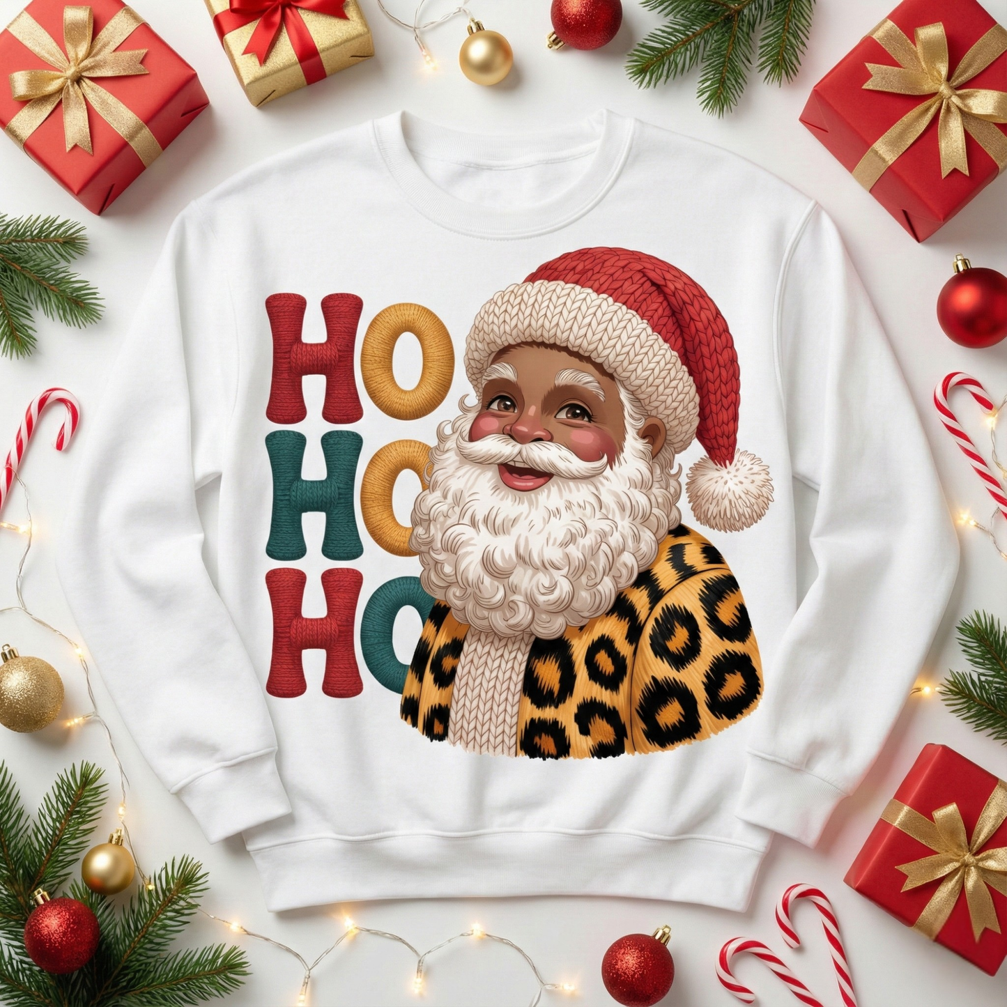 Black Santa Sweatshirt | Ho Ho Ho Holiday Crewneck | Leopard Print African American Santa Shirt | Cute Christmas Top | Festive Gift for Her
