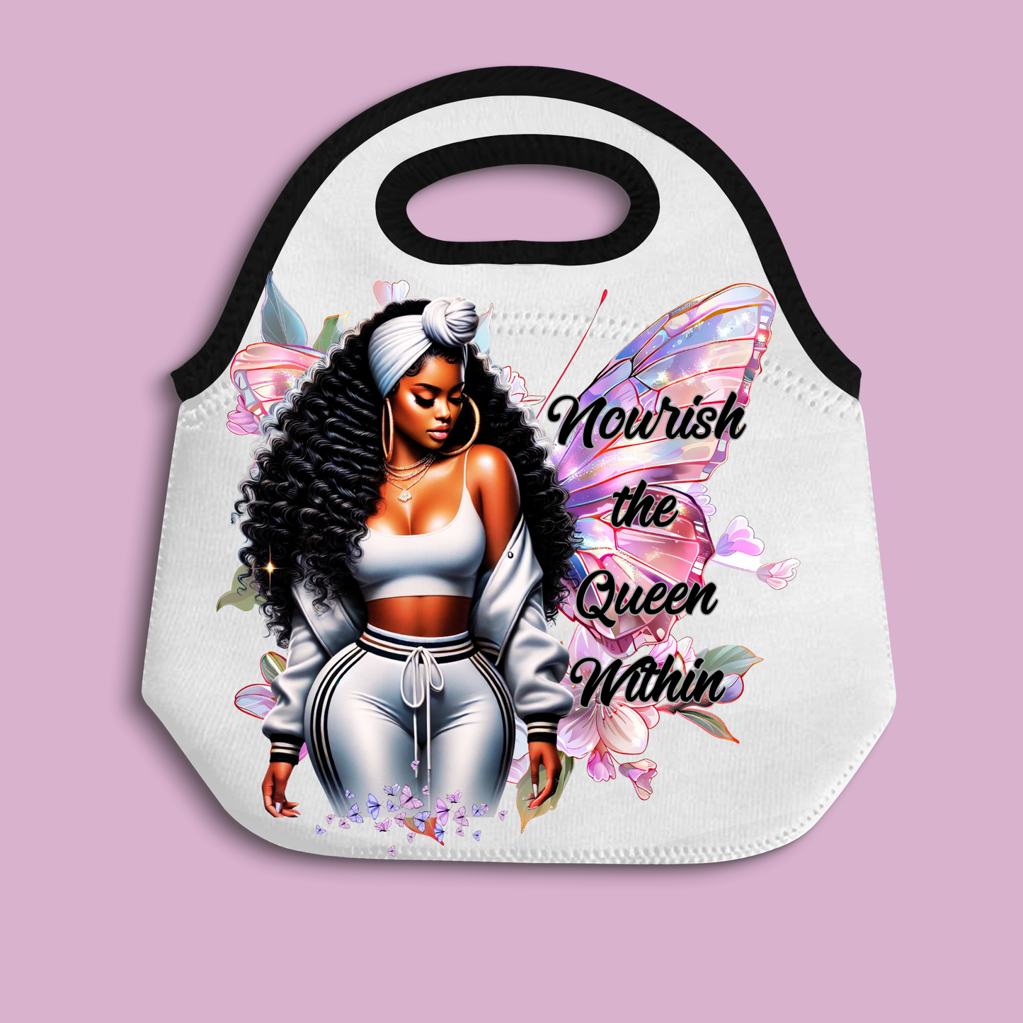 Nourish the Queen Within Lunch Bag | Black Woman Art Neoprene Tote | African American Queen Gift | Insulated Food Carrier for Work & Gym