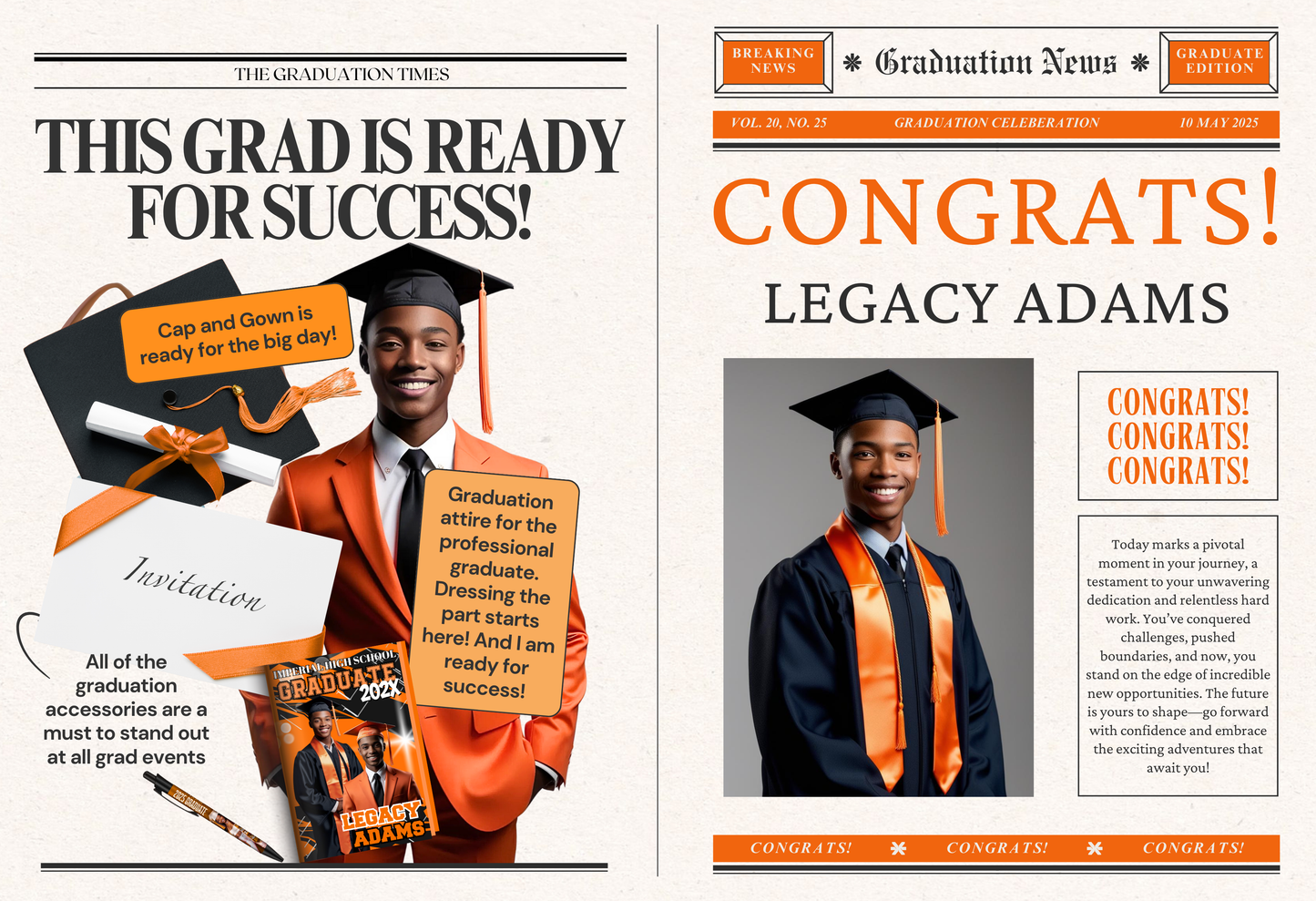 Graduation Newspaper Announcement - 1 Hard Copy Mailed and an Email Digital File included Style 2 - S & M Unique Shirts, LLC