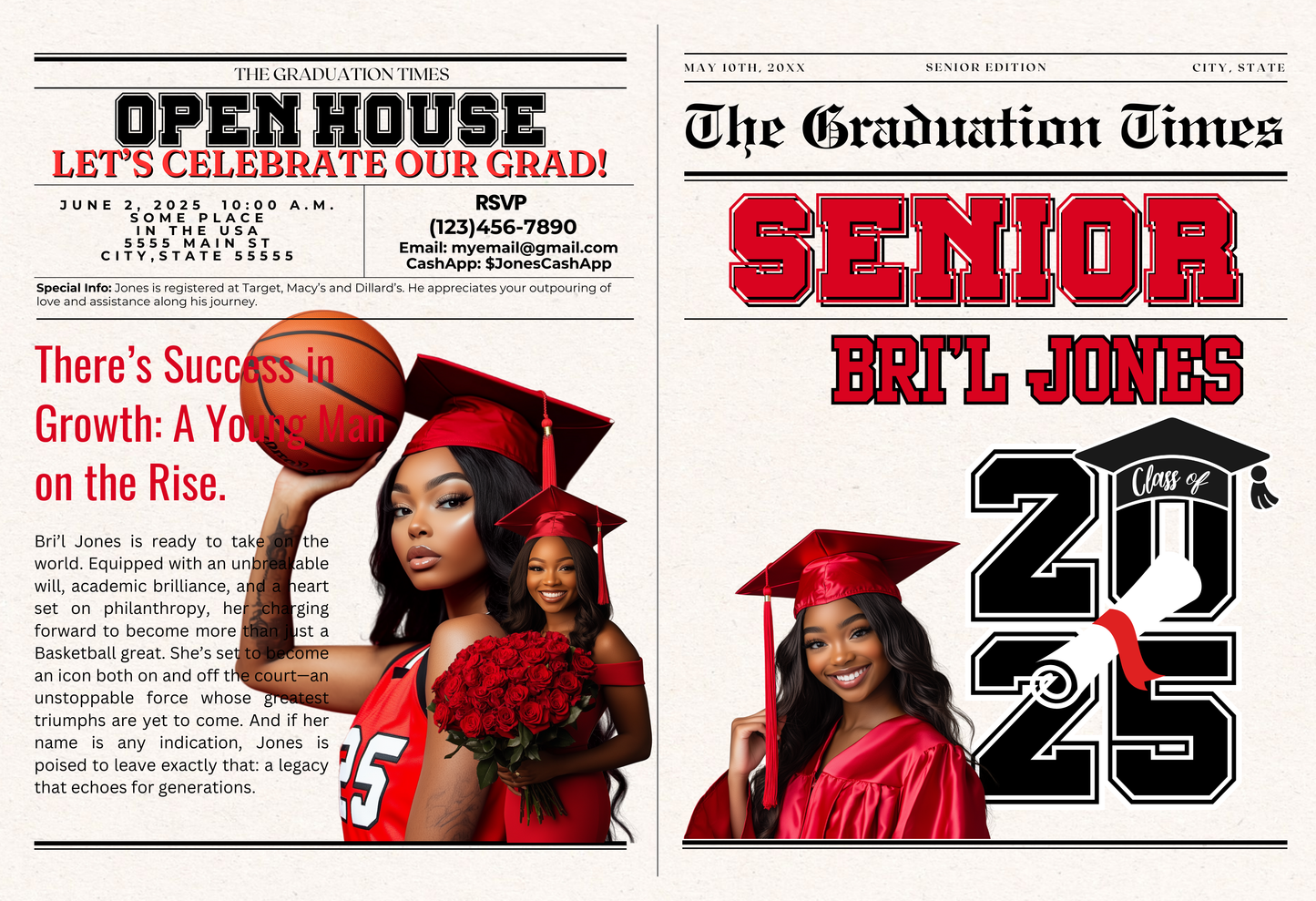 Graduation Newspaper Announcement - 1 Hard Copy Mailed and an Email Digital File included Style 1 - S & M Unique Shirts, LLC