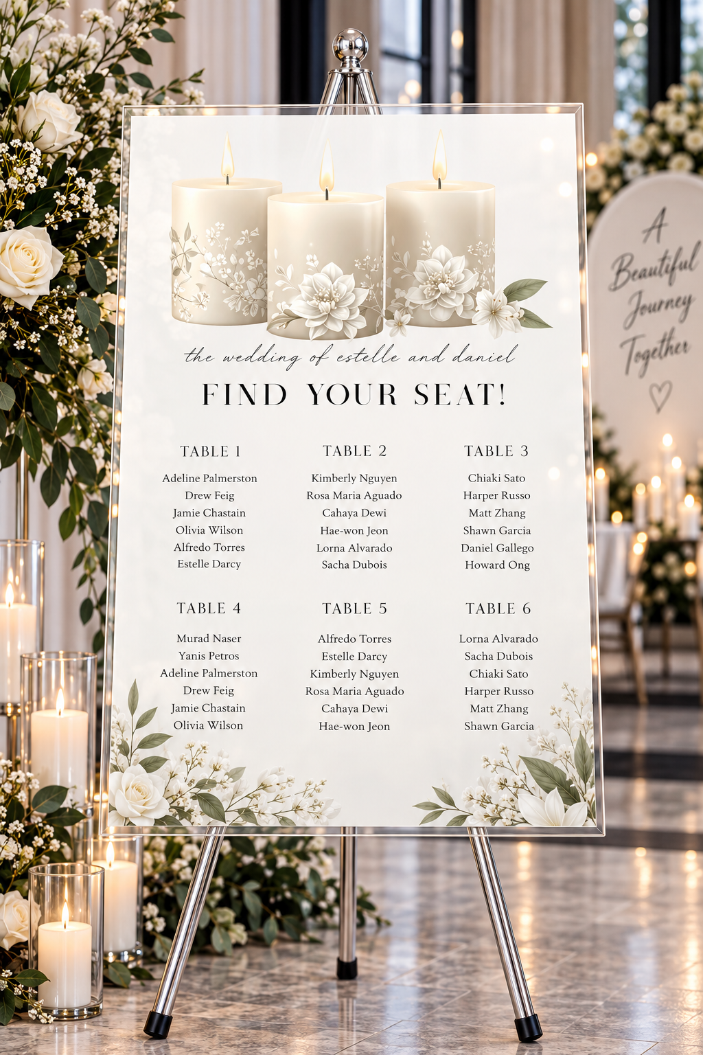 Romantic Candlelight Wedding Seating Chart | Acrylic or Foam Board