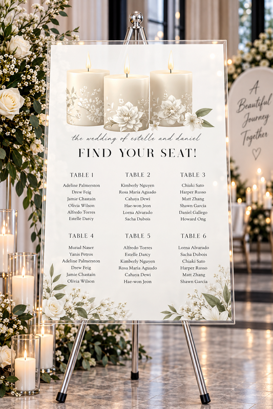 Romantic Candlelight Wedding Seating Chart | Acrylic or Foam Board