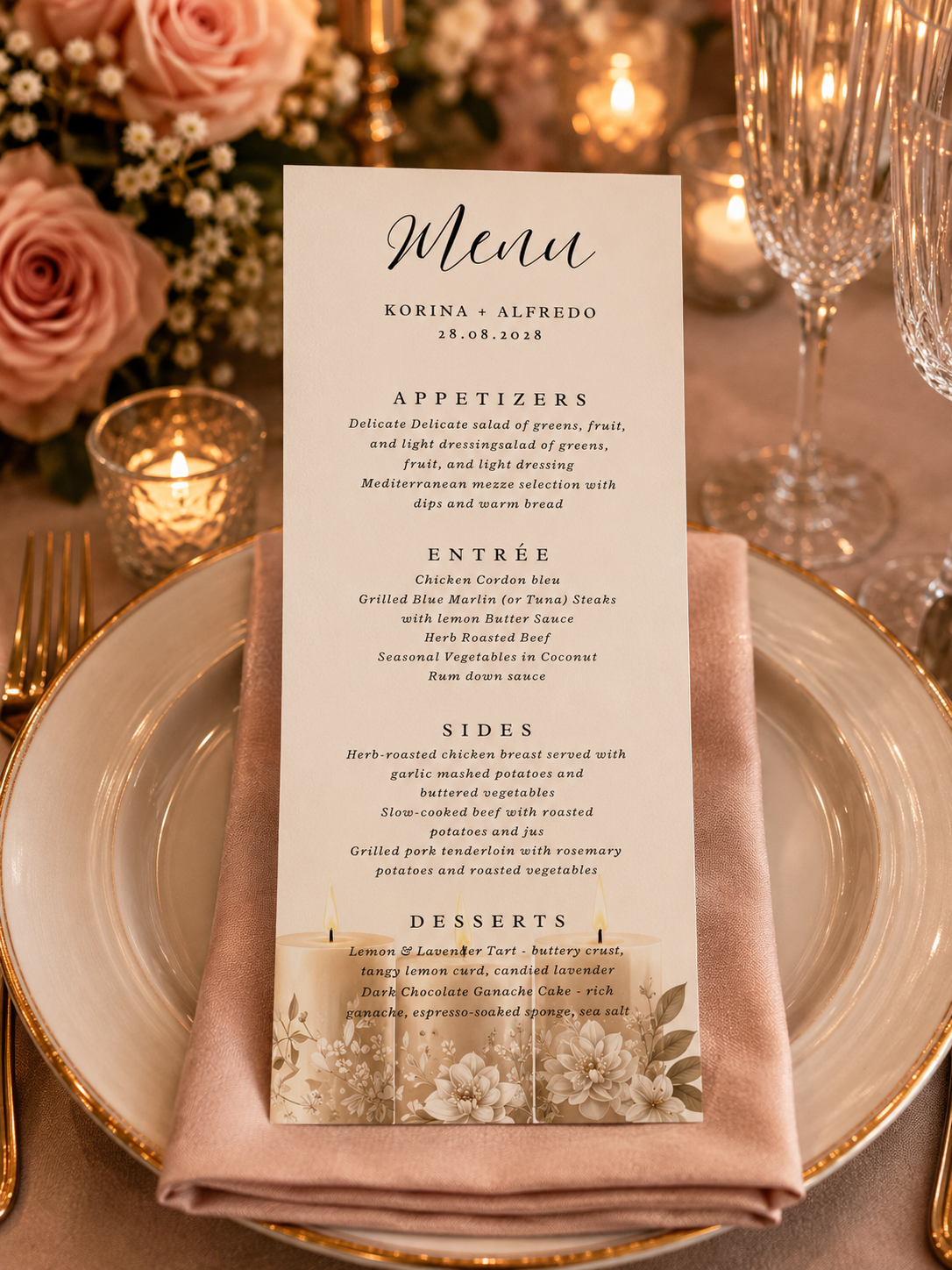 Romantic Floral Wedding Menu Cards — 4 × 9