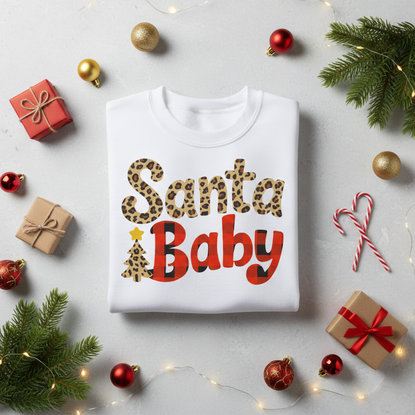 Santa Baby Sweatshirt | Leopard & Plaid Christmas Shirt | Cute Holiday Crewneck | Buffalo Check Xmas Top | Trendy Gift for Her