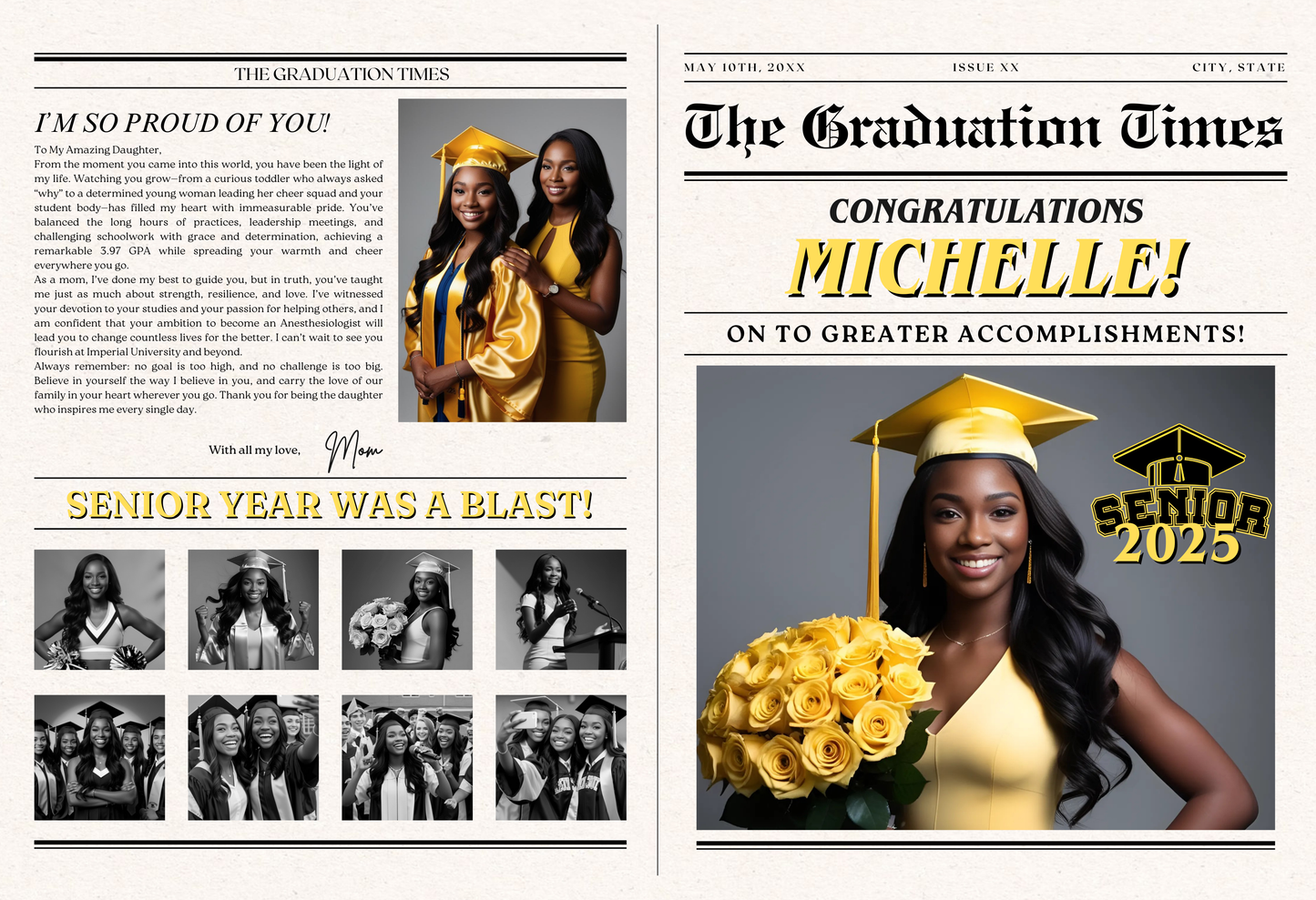 Graduation Newspaper Announcement - 1 Hard Copy Mailed and an Email Digital File included Style 3 - S & M Unique Shirts, LLC