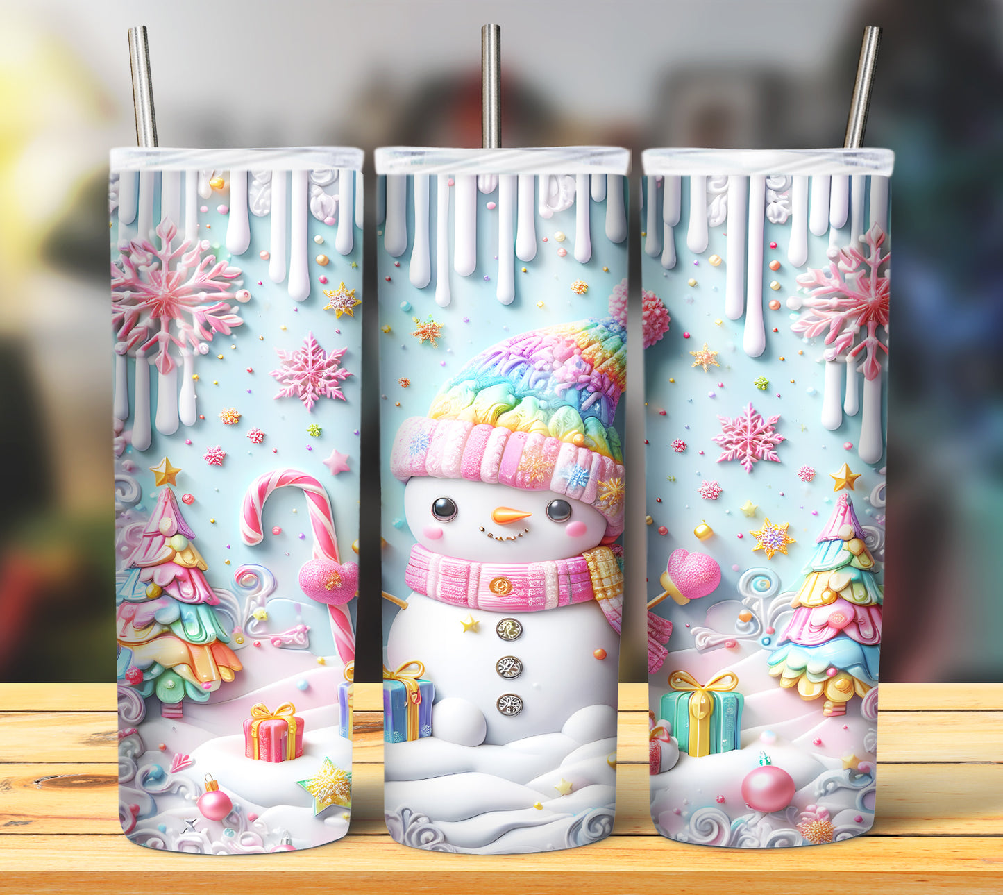 3D Pastel Snowman Christmas Tumbler | Cute Rainbow Hat & Scarf Cup | Dripping Icing Holiday Skinny Tumbler | 20oz Gift | Winter Drinkware
