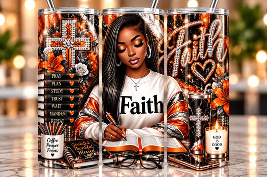 Faith Orange Marble Straight 20 oz tumbler — full wrap view