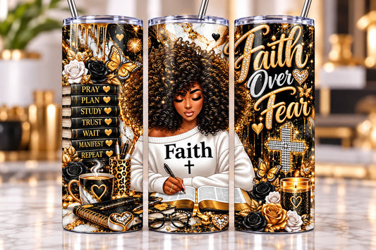 Faith Over Fear Marble 20 oz tumbler — full wrap view