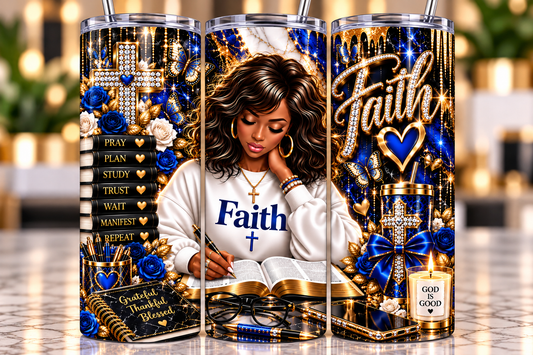 Faith Royal Blue & Gold 20 oz tumbler — full wrap view