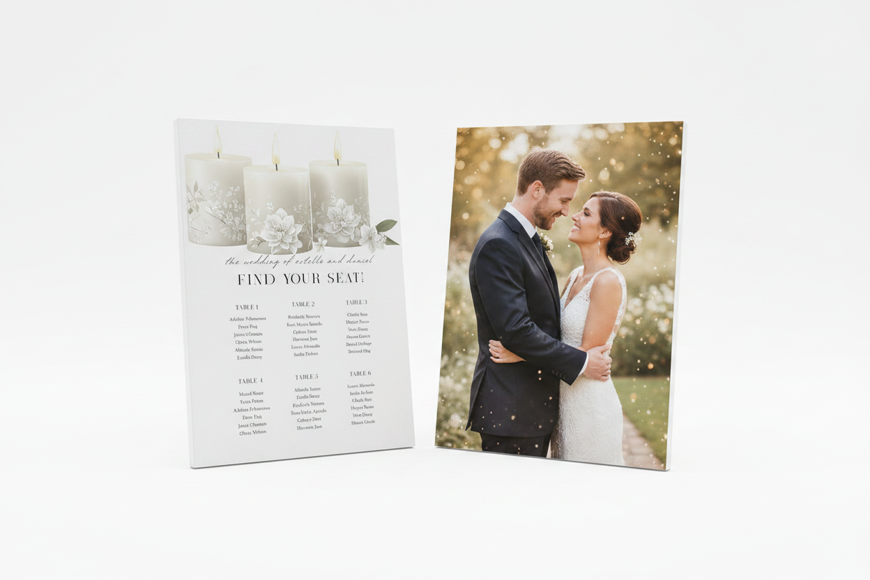Romantic Wedding Seating Chart double side front and back mockup with Caucasian couple