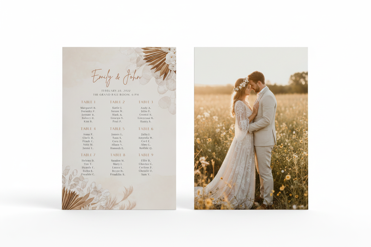 Boho Wedding Seating Chart double side front and back mockup with Caucasian boho couple