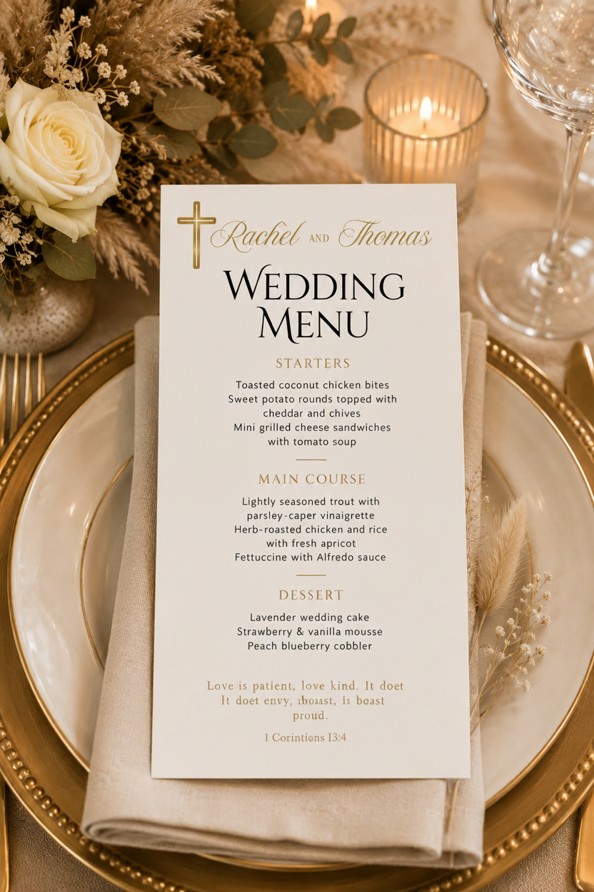 Faith-Centered Wedding Menu 4x9 - Matte Cream Cardstock 100LB