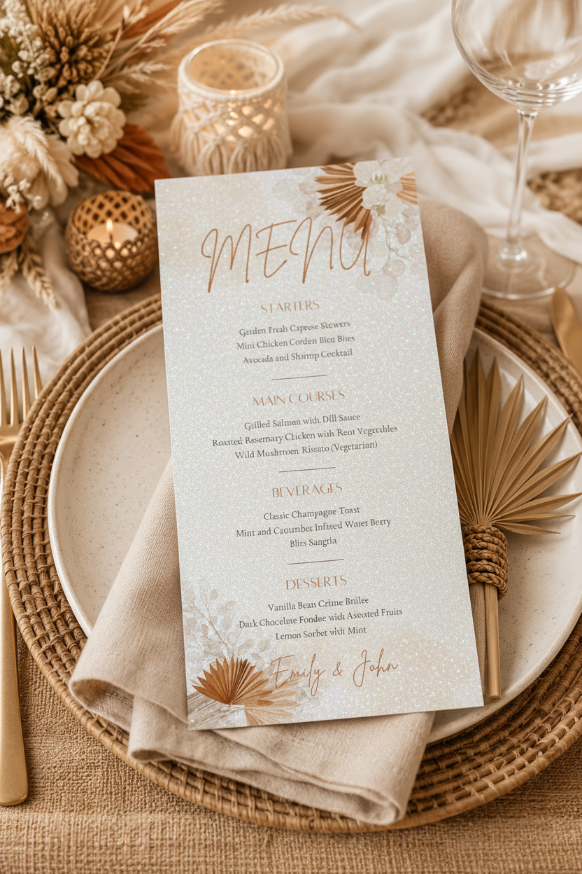 Boho Wedding Menu 4x9 - LuxPaper Crystal Metallic 105LB