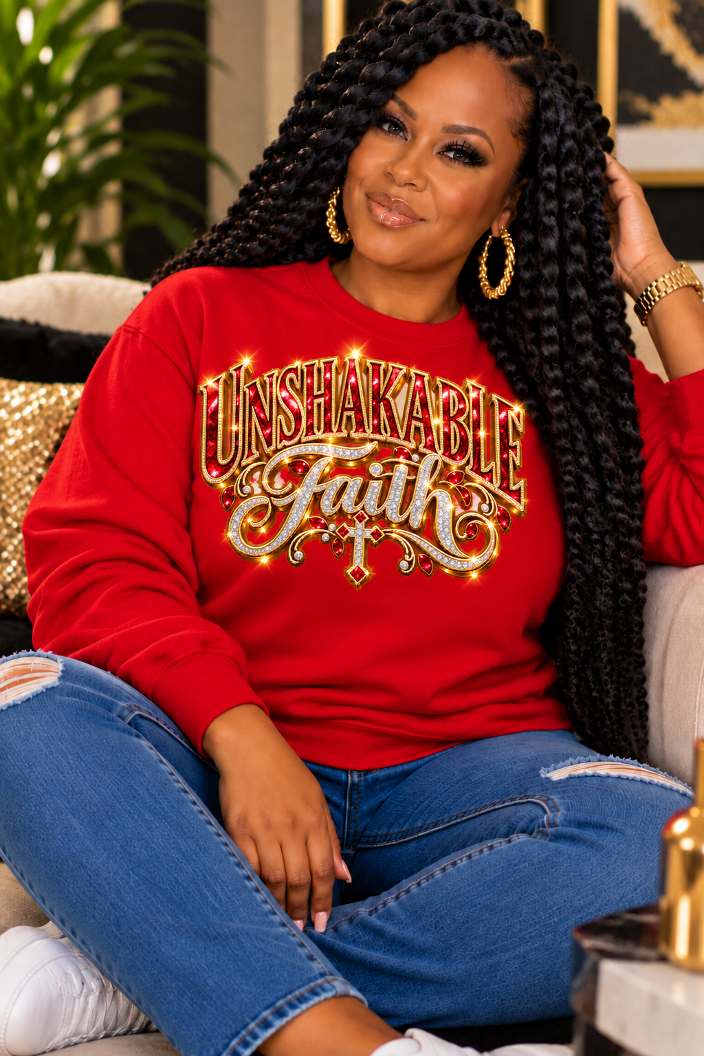 Unshakable Faith design in red, gold, and silver on a red sweatshirt, seated