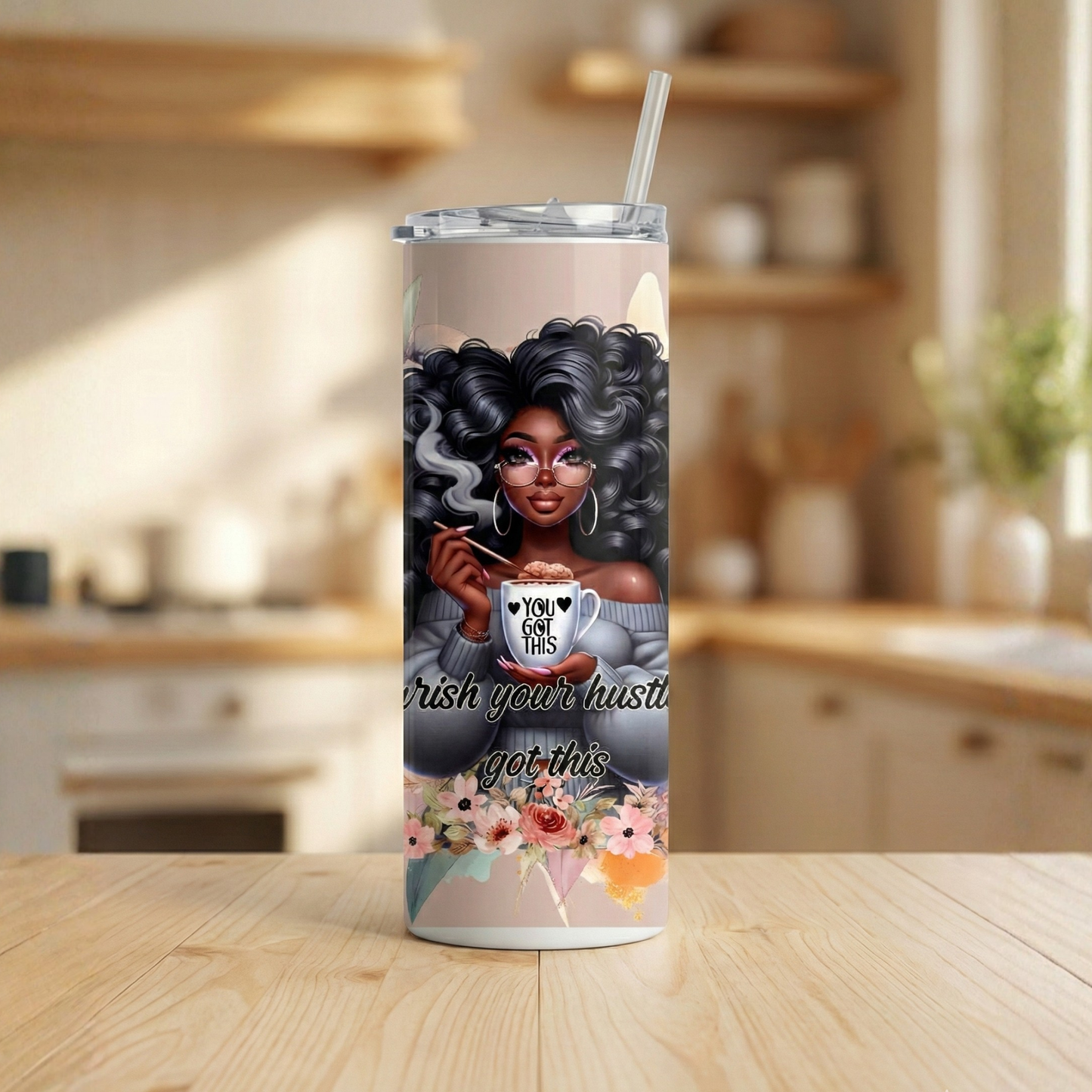 Nourish Your Hustle Tumbler | Black Woman Art Motivational Cup | Insulated Stainless Steel Skinny Travel Mug | Gift for Her with Straw