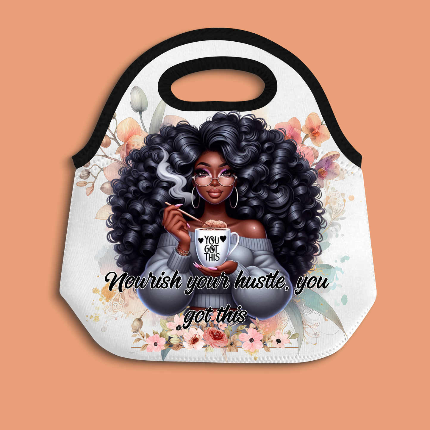 Black Woman Neoprene Lunch Bag | Motivational Hustle Tote | African American Art Lunch Box | Insulated Food Carrier for Work & Office Gift