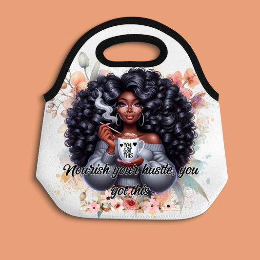 Black Woman Neoprene Lunch Bag | Motivational Hustle Tote | African American Art Lunch Box | Insulated Food Carrier for Work & Office Gift