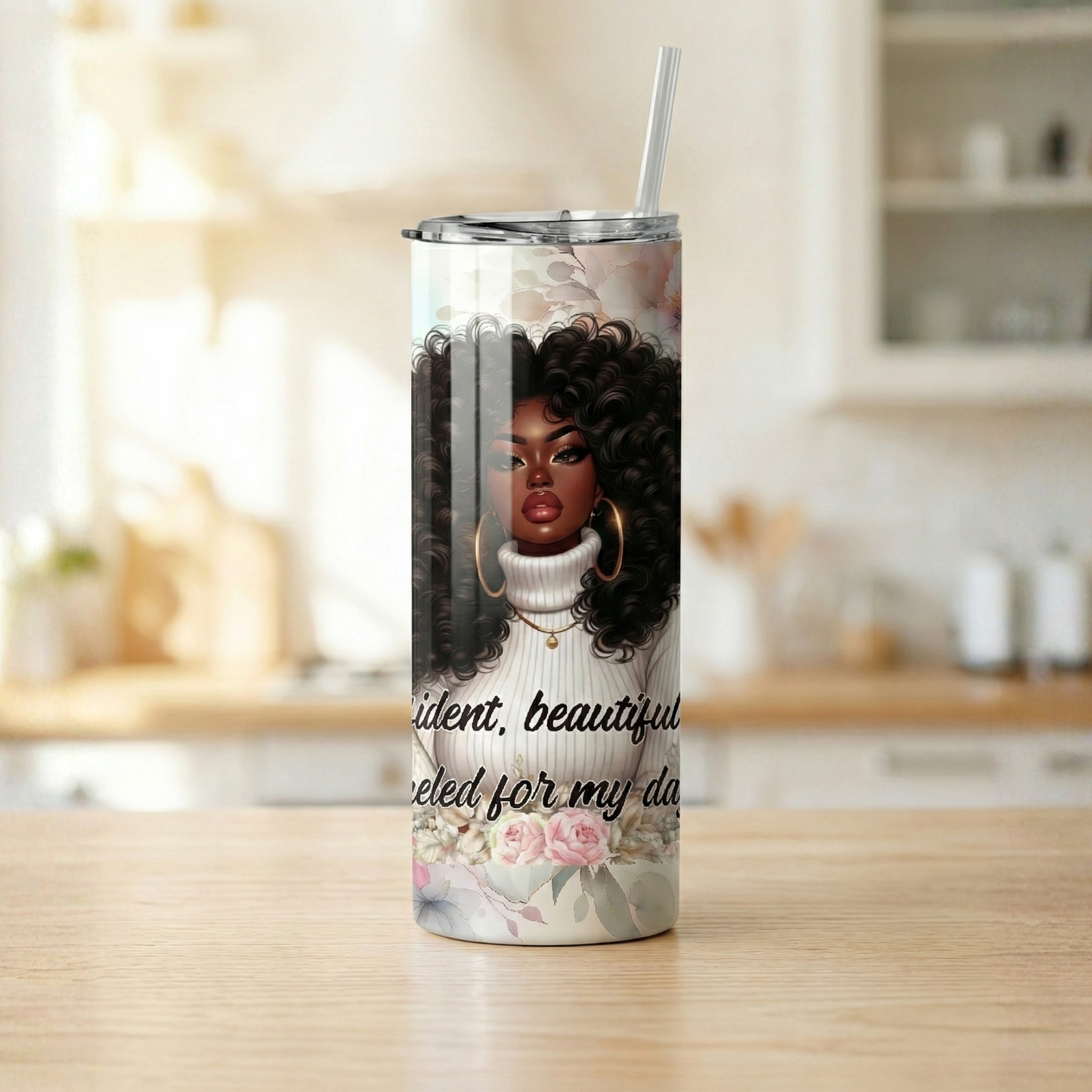 Confident Black Woman Tumbler | Motivational Affirmation Cup | African American Art Skinny Travel Mug | Insulated Gift 20oz