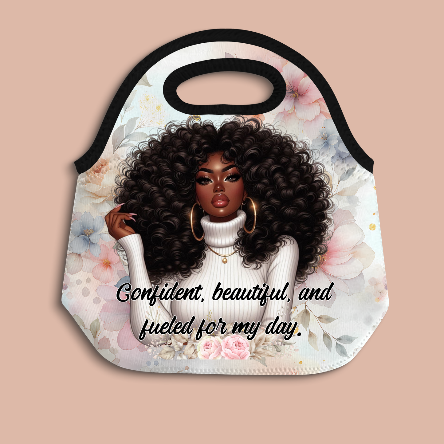 Confident Black Woman Neoprene Lunch Bag | Motivational Quote Tote | African American Art Lunch Box | Insulated Food Carrier Work