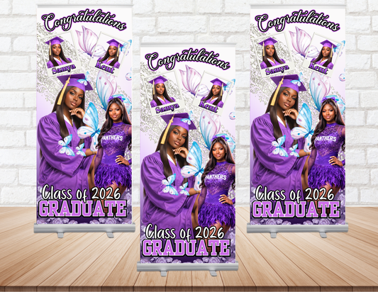 Custom Graduation Retractable Banner | Class of 2026 Party Decor | Sports & Butterfly Themes | Personalized Senior Photo Sign | 4x6 Roll Up