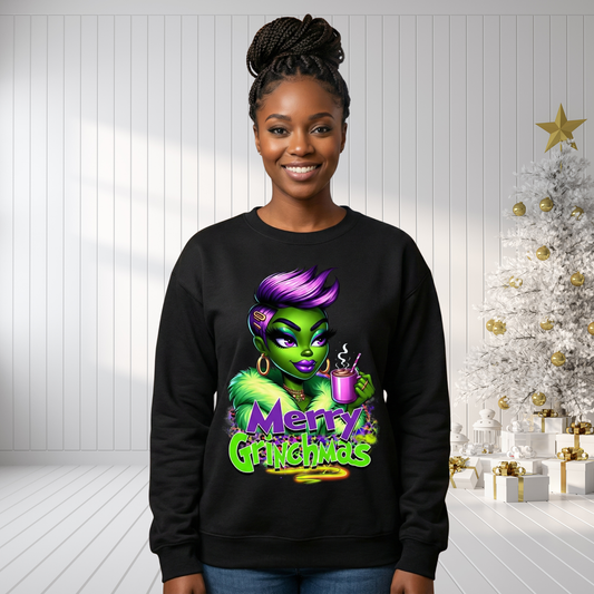 Merry Grinchmas Sweatshirt | Sassy Green Girl Crewneck | Glam Christmas Sweater | Funny Holiday Top | Cute Xmas Gift for Her | Festive Shirt