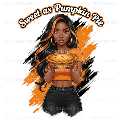 Sweet As Pumpkin Pie African American Woman PNG | Fall Sublimation Design | Thanksgiving Shirt Design | DTF Ready