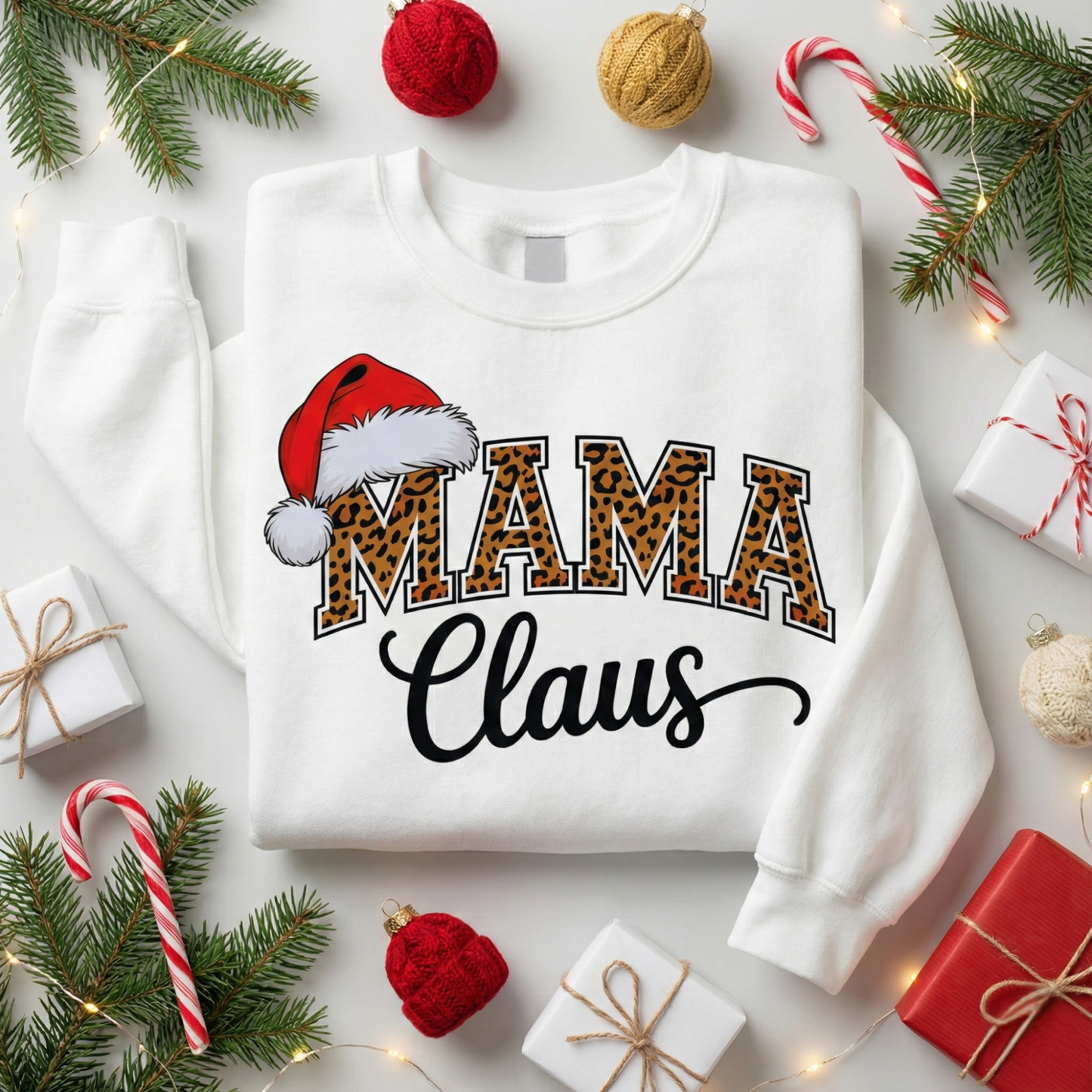 Mama Claus Sweatshirt | Leopard Print Christmas Mom Shirt | Santa Hat Holiday Pullover | Trendy Xmas Gift for Her | Festive Winter Top