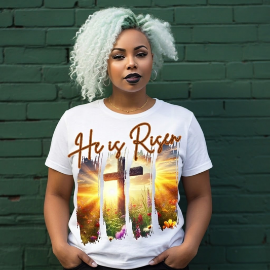 He is Risen Easter T-Shirt | Christian Cross & Sunrise Shirt | Women's Faith Based Apparel | Religious Spring Top | Resurrection Sunday Tee