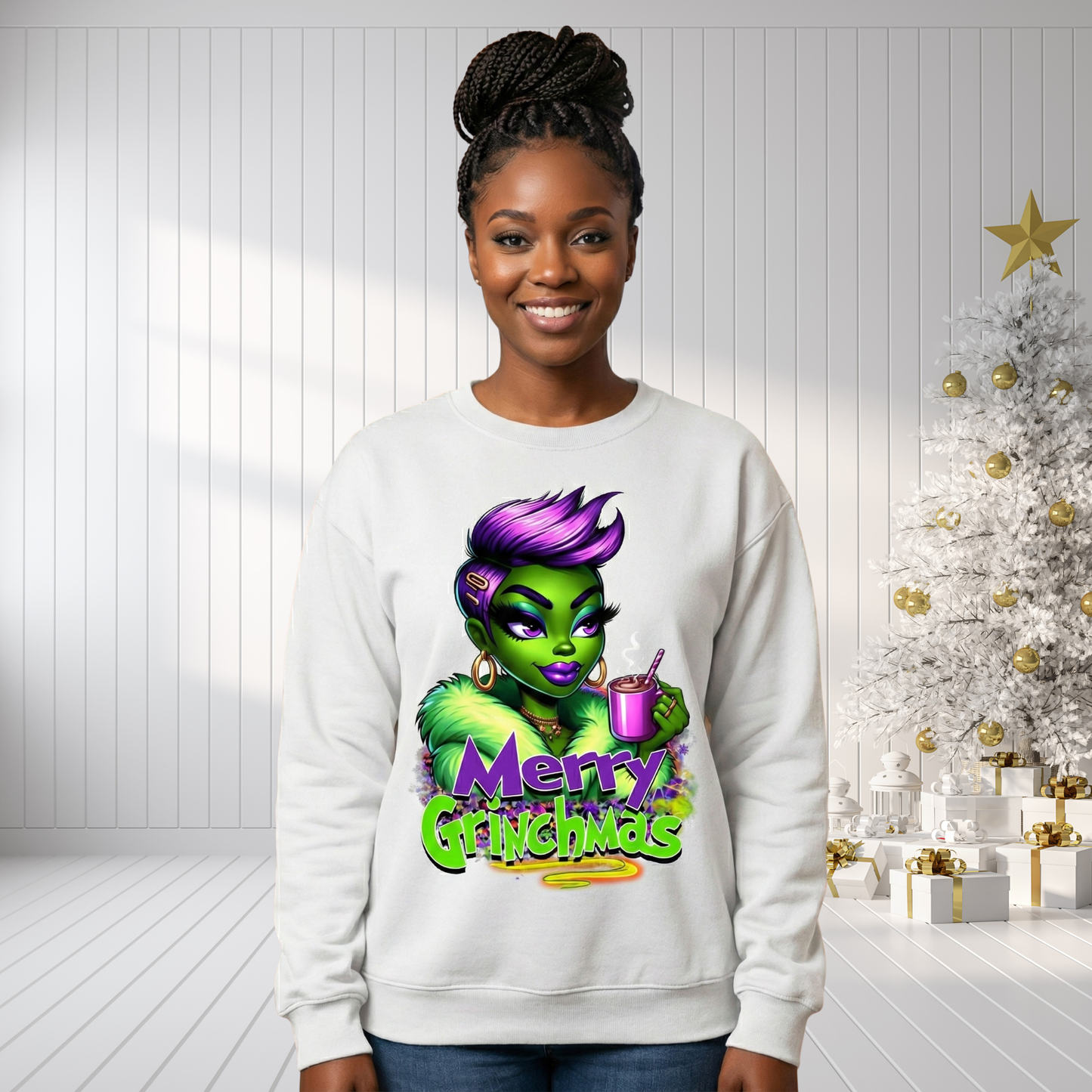 Merry Grinchmas Sweatshirt | Sassy Green Girl Crewneck | Glam Christmas Sweater | Funny Holiday Top | Cute Xmas Gift for Her | Festive Shirt