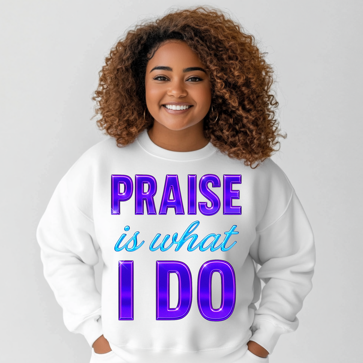 Praise Is What I Do Sweatshirt | Women's Christian Crewneck | Purple Metallic Faith Apparel | Religious Graphic Pullover | Worship Top