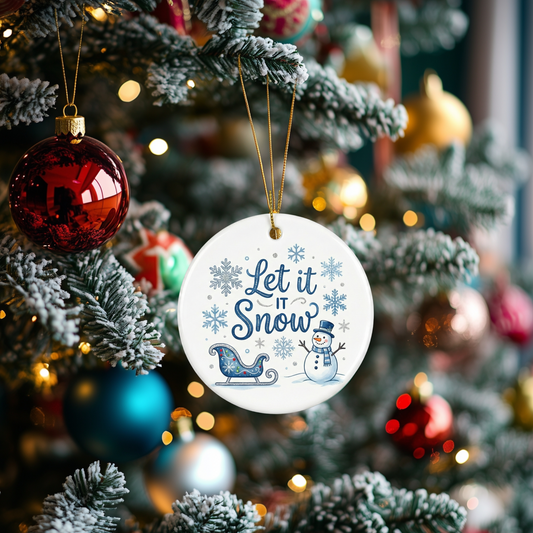 Ceramic Christmas Ornament | Round Holiday Tree Decoration | Let it Snow & Merry Christmas Designs | Watercolor Porcelain Keepsake Gift