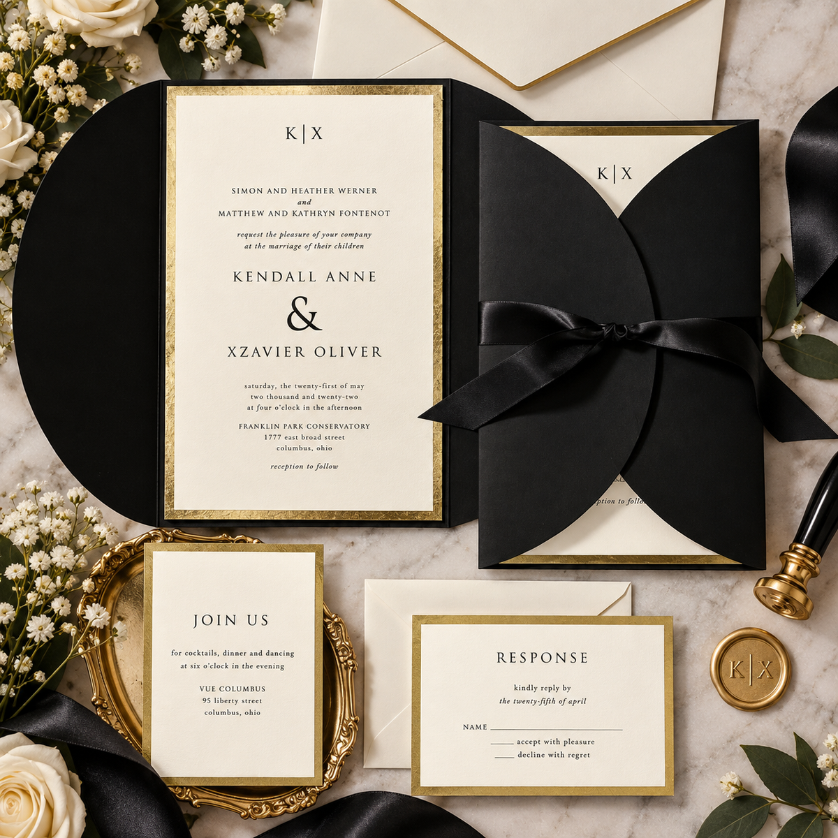 Decorative Treasure Wedding Invitation Suite | Black or Navy Wrap