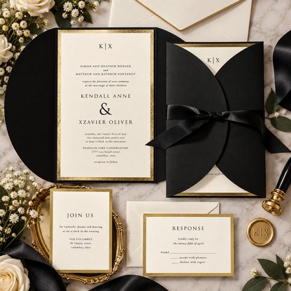 Decorative Treasure Wedding Invitation Suite | Black or Navy Wrap