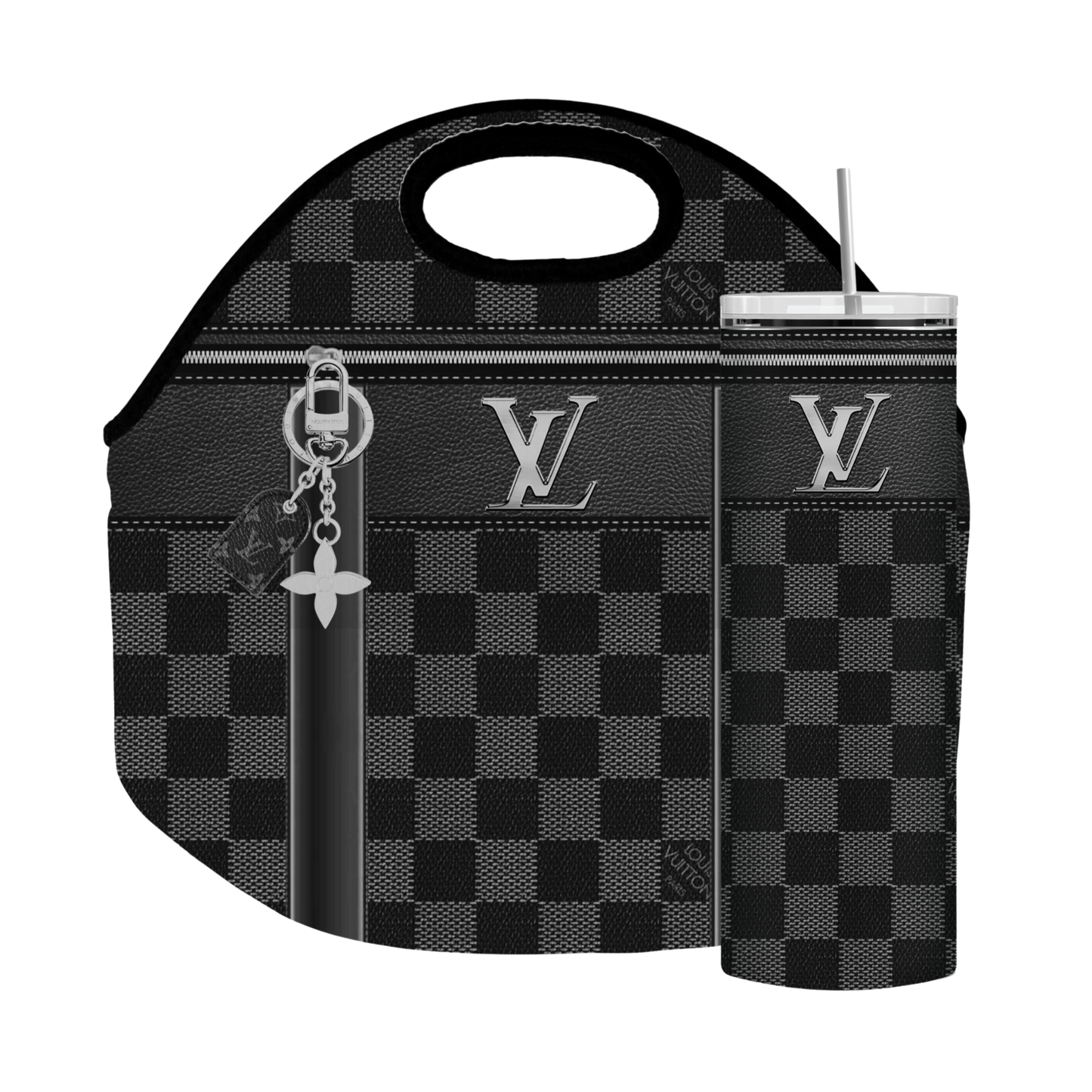 Stylish Purse-Inspired Black, Silver and Gray Checkered Tote, Coaster, Tumbler or Set – 124 and 125