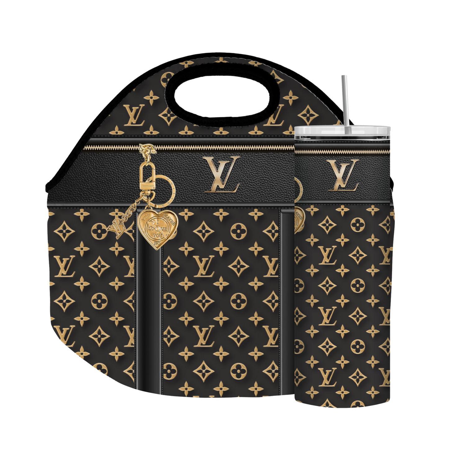 Stylish Purse-Inspired Black and Gold Tote, Coaster, Tumbler or Set – 15 and 16