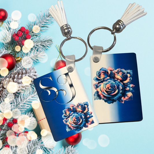 Personalized Blue Rose Keychain | Custom Initial Monogram Bag Tag | Floral Key Ring with Tassel | Christmas Stocking Stuffer Gift for Her