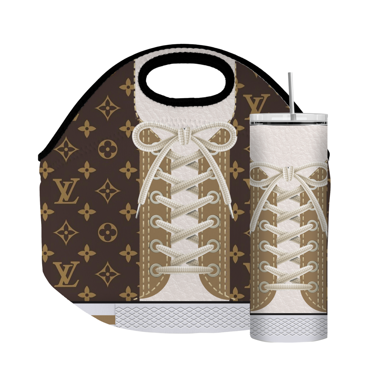 Stylish Purse-Inspired Brown, Gold and White Sneaker Tote, Coaster, Tumbler or Set – 129 and 130