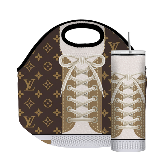 Stylish Purse-Inspired Brown, Gold and White Sneaker Tote, Coaster, Tumbler or Set – 129 and 130