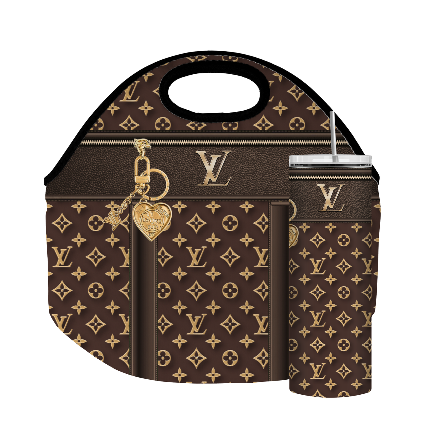 Stylish Purse-Inspired Brown and Gold Tote, Coaster, Tumbler or Set – 18 (2) and 19 (1)