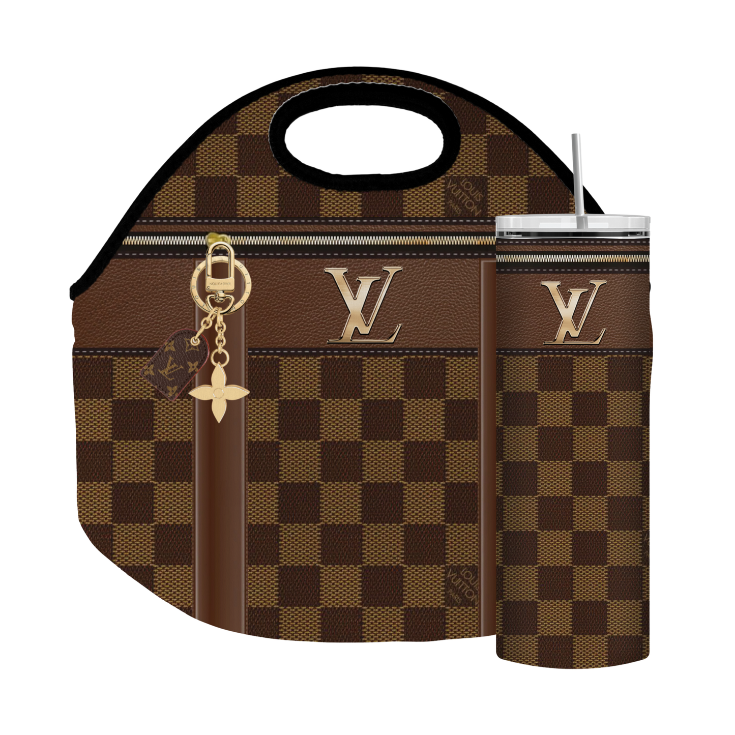 Stylish Purse-Inspired Brown and Gold Checker Tote, Coaster, Tumbler or Set – 110 and 111