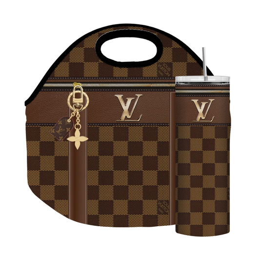 Stylish Purse-Inspired Brown and Gold Checker Tote, Coaster, Tumbler or Set – 110 and 111