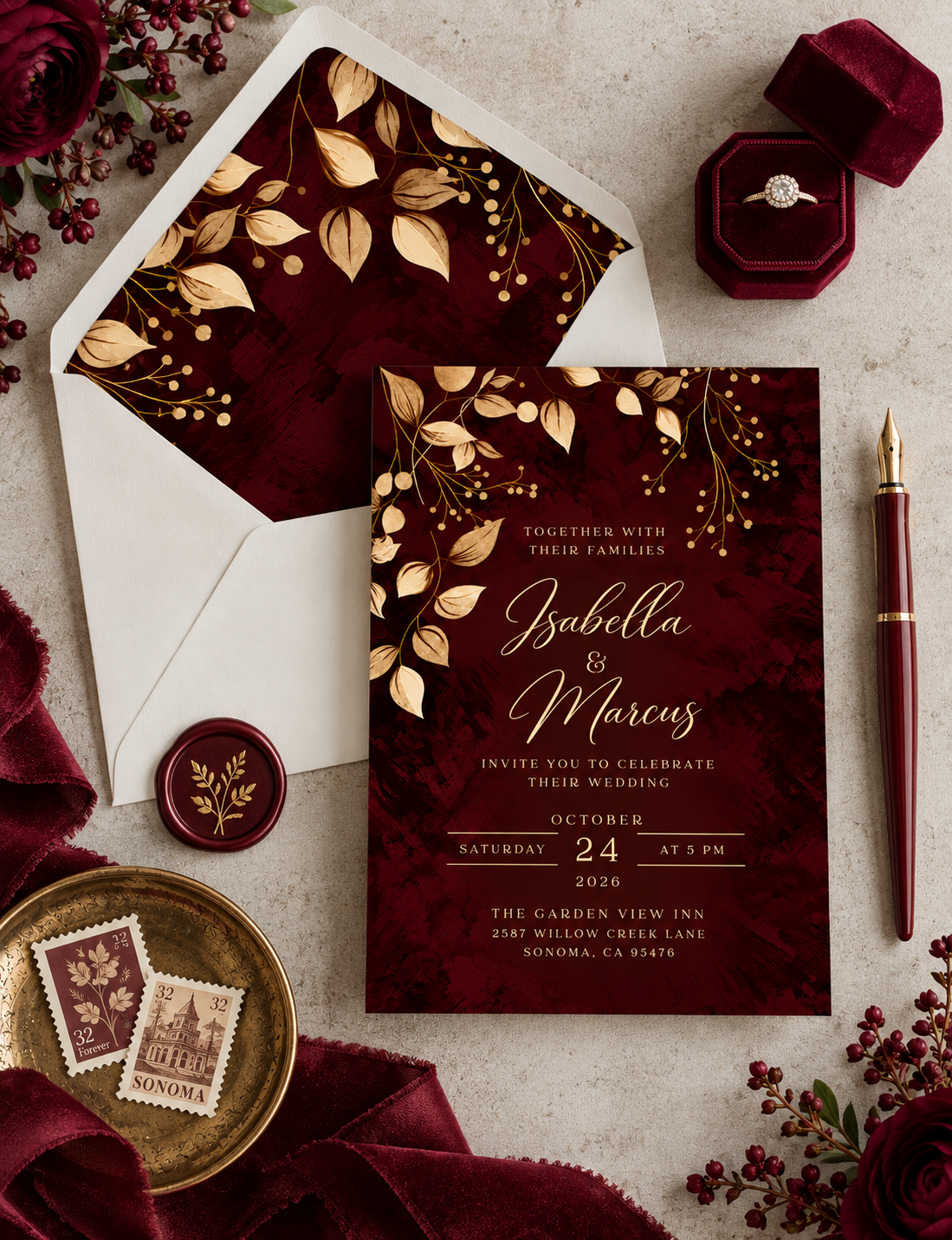 The Merlot Estate Collection Wedding Stationery & Welcome Sign Suite