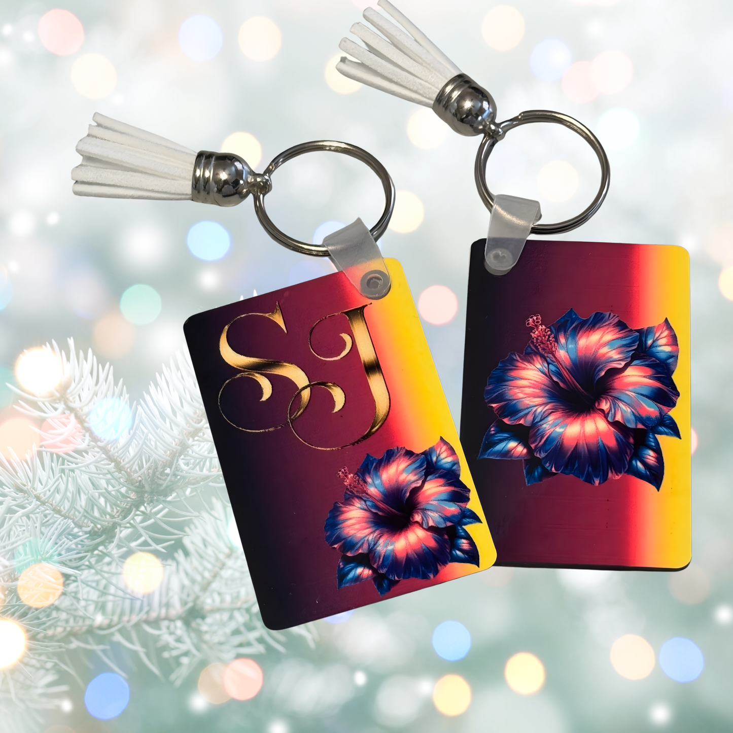 Personalized Burgundy Hibiscus Keychain | Tropical Floral Monogram Key Ring | Custom Initial Bag Tag | Gold Letter Gift for Her with Tassel