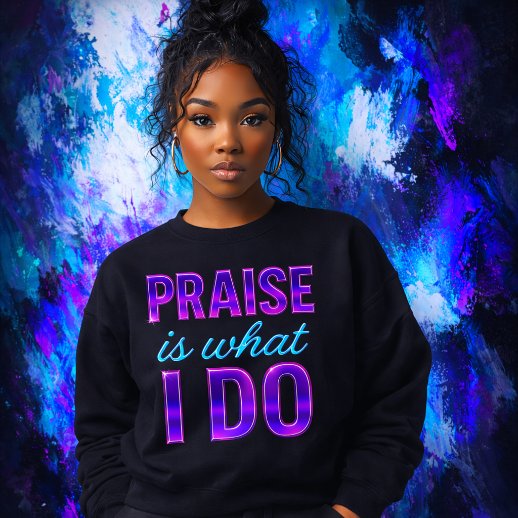 Praise Is What I Do Sweatshirt | Women's Christian Crewneck | Purple Metallic Faith Apparel | Religious Graphic Pullover | Worship Top
